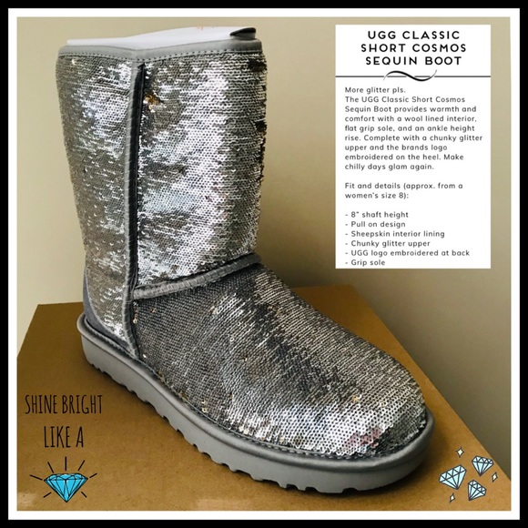 UGG Classic Short Cosmo Sequin Silver & Gold Boots - Picture 4 of 13